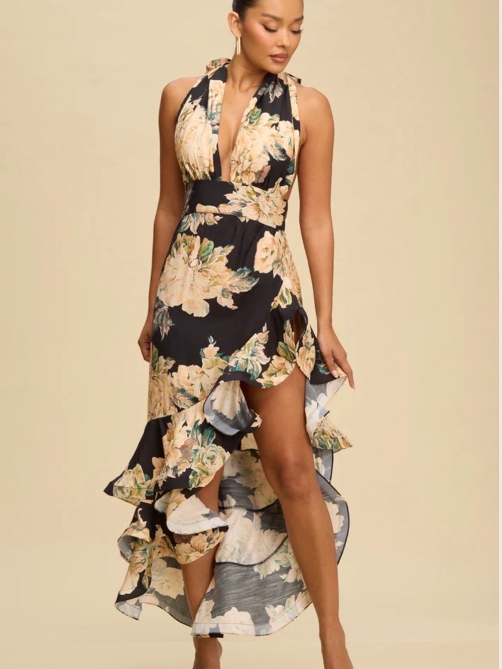 Luxxel Floral Halter High-Low Maxi Dress with Ruffled Trim